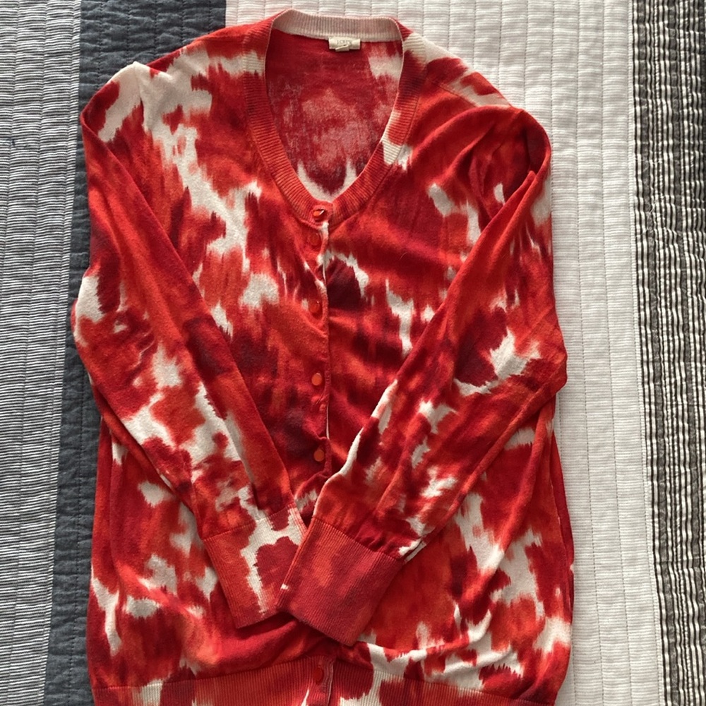 J. Crew Red and White Patterned V-Neck Cardigan